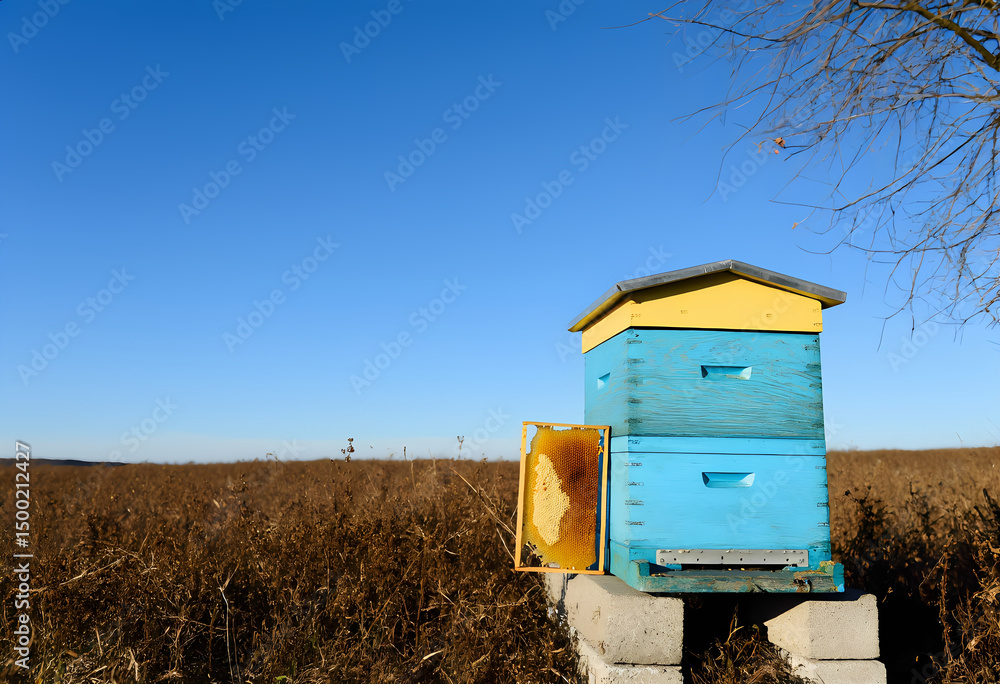Naklejka premium A blue and yellow bee hive with a yellow roof