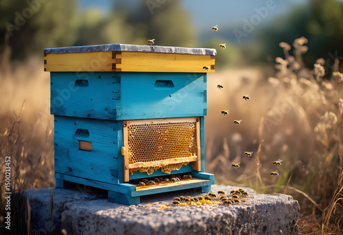 A blue and yellow bee hive with a yellow roof