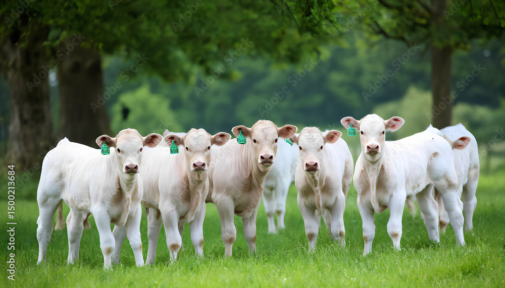Obraz premium A group of white cows are standing in a field
