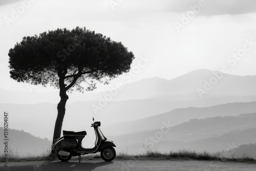 A vintage scooter parked under a tree overlooking rolling hills, captured in a serene black and white landscape with soft lighting.