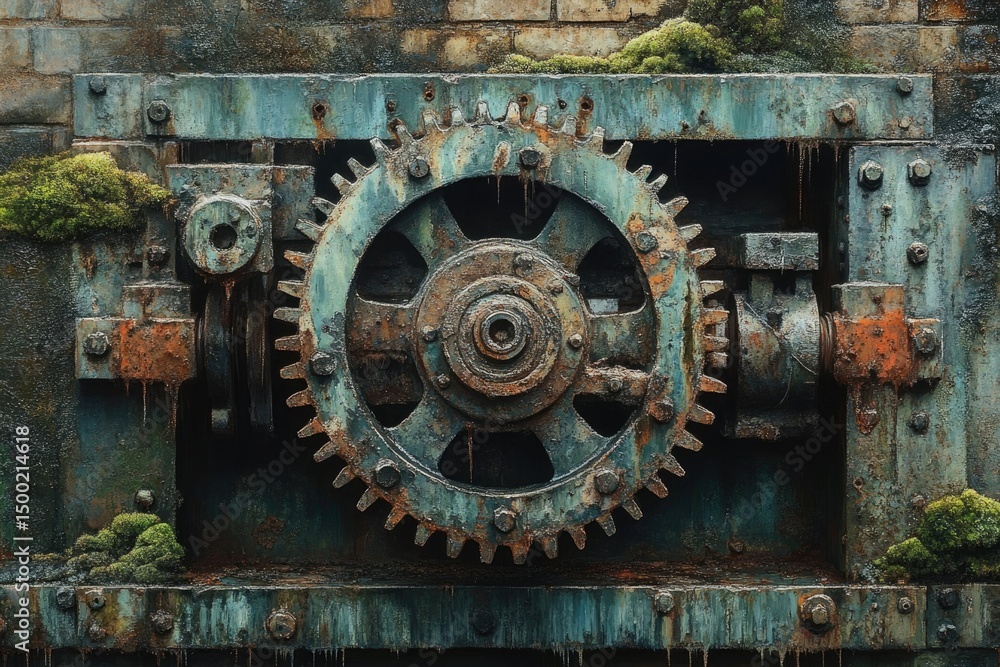 A weathered, moss-covered industrial gear mechanism, showcasing age and decay. A weathered, moss-covered industrial gear mechanism, showcasing age and decay.