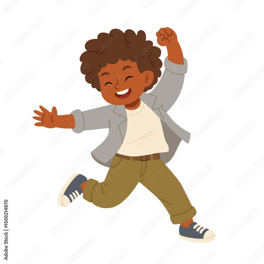 Fototapeta premium Happy boy jumping with joy in casual clothes and sneakers. Energetic and expressive flat vector 