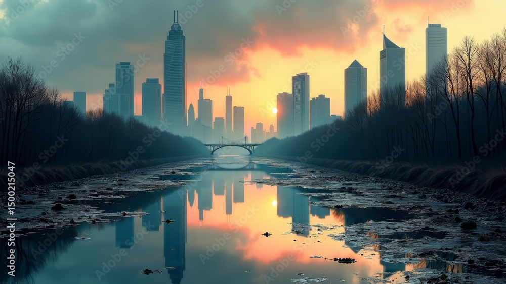 custom made wallpaper toronto digitalcityscape reflection in polluted river