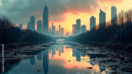 Wallpaper Mural cityscape reflection in polluted river Torontodigital.ca