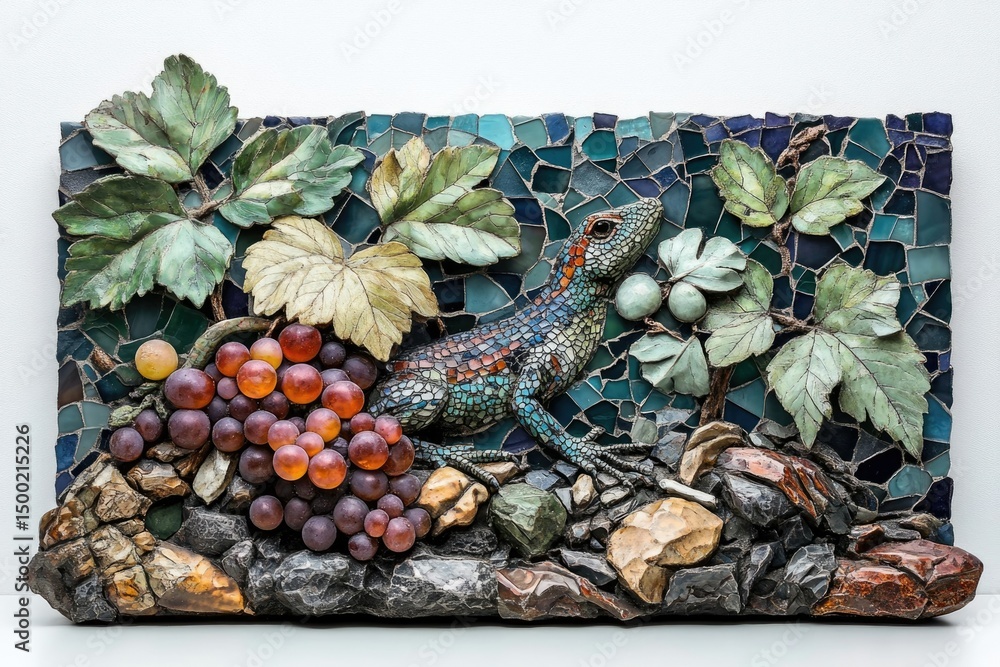 Fototapeta premium A mosaic artwork featuring a colorful lizard resting among grapes and grape leaves against a textured turquoise background.