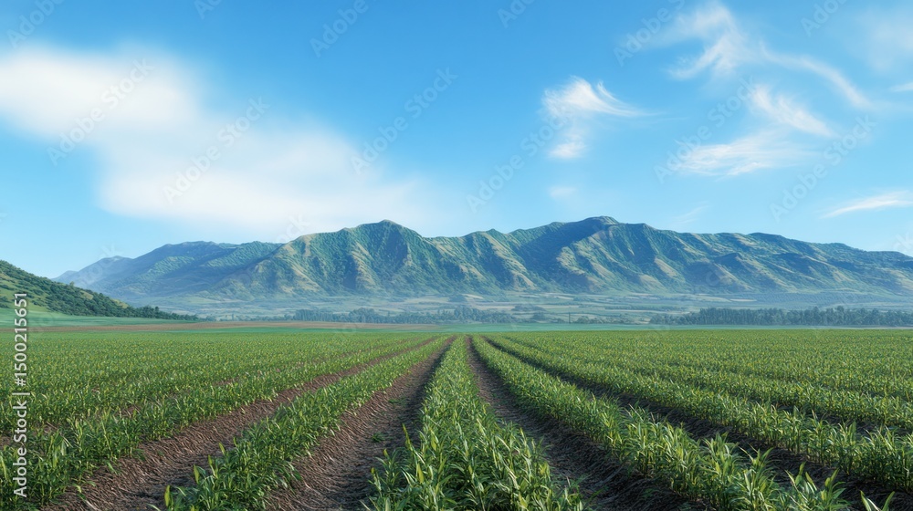 Sunrise over a field of crops, mountains in the background, ideal for agricultural themes Sunrise over a field of crops, mountains in the background, ideal for agricultural themes