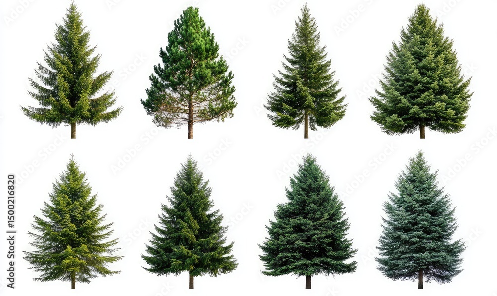 Obraz premium Collection of large pine trees isolated on white background. AI generated illustration.