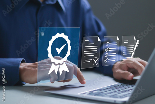 Digital certificate concept, Checklist documents, assessment for certificate and document approved. Quality management, Standardization, certification, regulatory compliance, service and standards