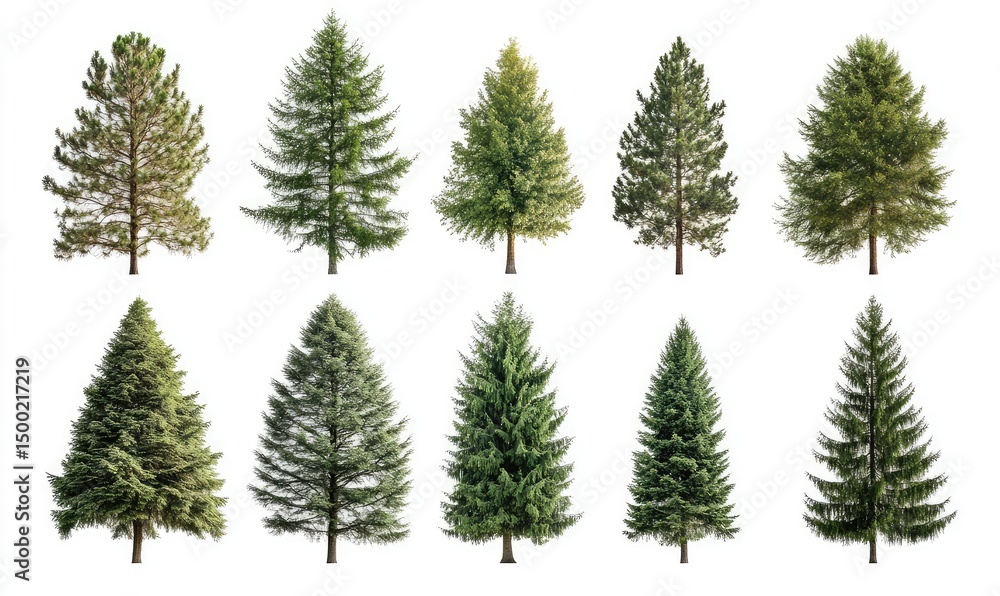 Obraz premium Collection of large pine trees isolated on white background. AI generated illustration.
