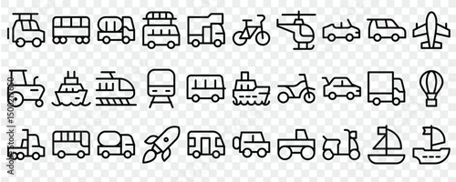 Transport outline icons set, cars, train, airplane, van, bike, motorbike, bus, taxi, tuk tuk, quad bike, subway, public transportation. eps 10