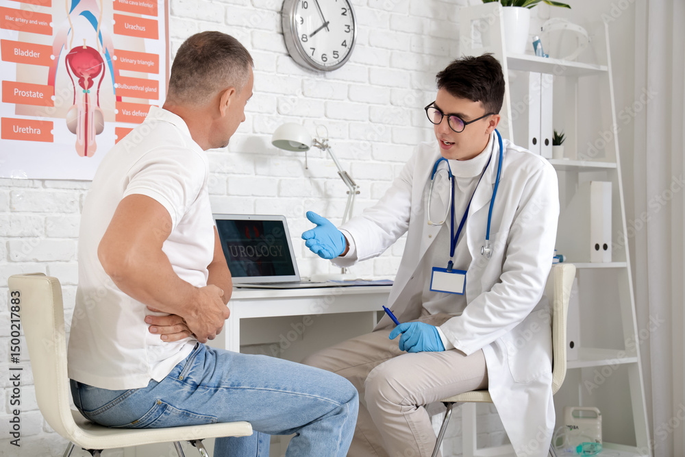 Obraz premium Young urologist working with mature man at table in office