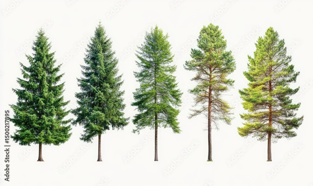Fototapeta premium Collection of large pine trees isolated on white background. AI generated illustration.