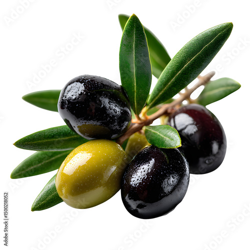 Whole olive branch with green leaves, sliced olives showing juicy green and black interiors, isolated on white