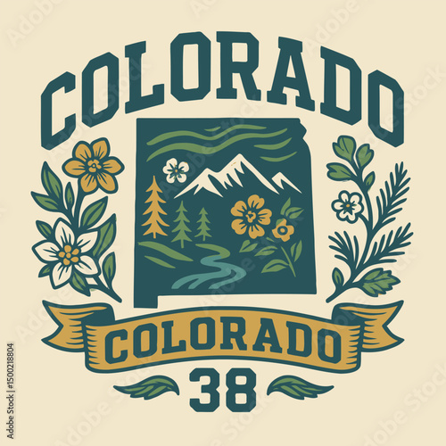 Vintage Colorado state emblem vector illustration with Rocky Mountains, river, columbine and pine – retro collegiate badge design