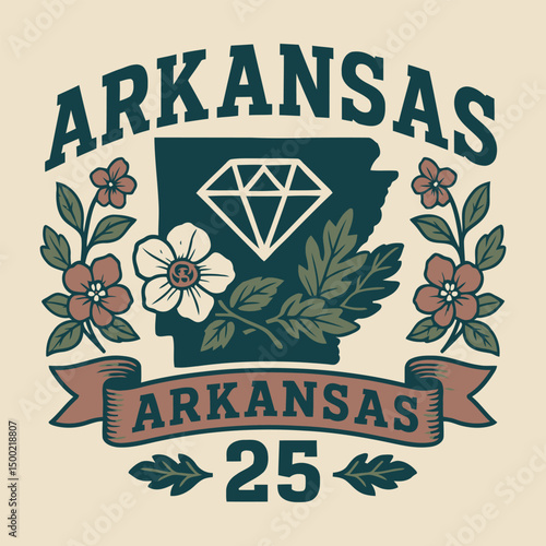 Vintage Arkansas state emblem vector illustration with diamond, apple blossom and oak leaves – retro collegiate badge design