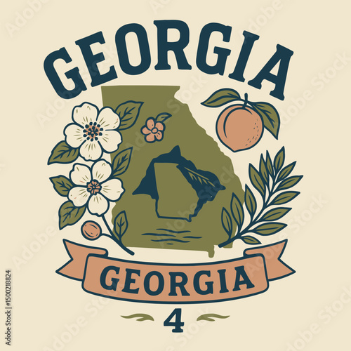 Vintage Georgia state emblem vector illustration with Cherokee rose, peach and oak – retro collegiate badge design