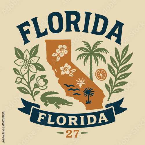 Vintage Florida state emblem vector illustration with sabal palm, orange blossom and alligator – retro collegiate badge design