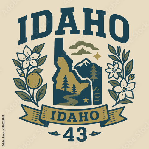 Vintage Idaho state emblem vector illustration with Rocky Mountains, river, syringa and acorn – retro collegiate badge design