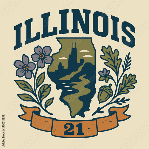 Vintage Illinois state emblem vector illustration with Chicago skyline, violet and oak leaves – retro collegiate badge design