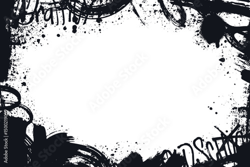 Grunge border frame with black ink splatters, spray textures and distressed edges. Ideal for posters, backgrounds, or vintage designs with a raw, textured look.