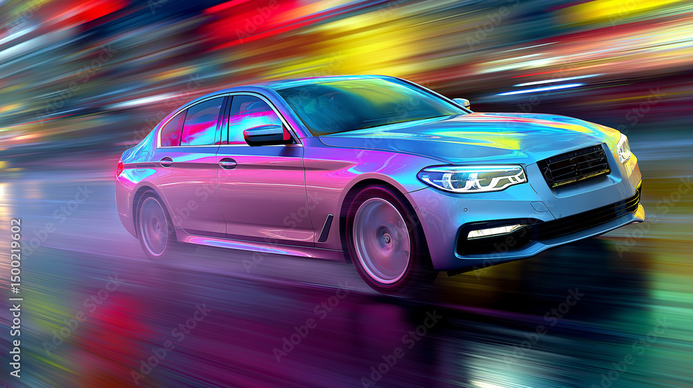 Sleek car racing through a vibrant, colorful city at night Sleek car racing through a vibrant, colorful city at night
