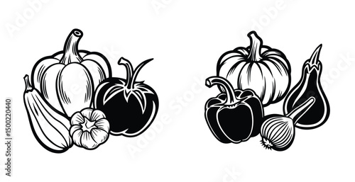 Hand-drawn vector illustration of autumn vegetables and fruits like pumpkin and apple, perfect for healthy fall season harvest and Thanksgiving decoration