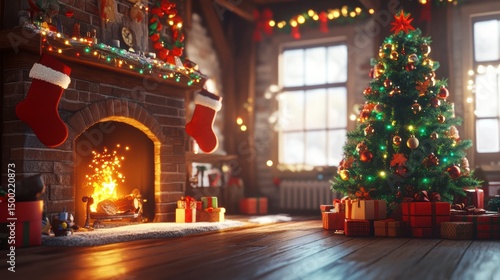 Wallpaper Mural Cozy Christmas scene with fireplace, decorated tree, and presents. Torontodigital.ca