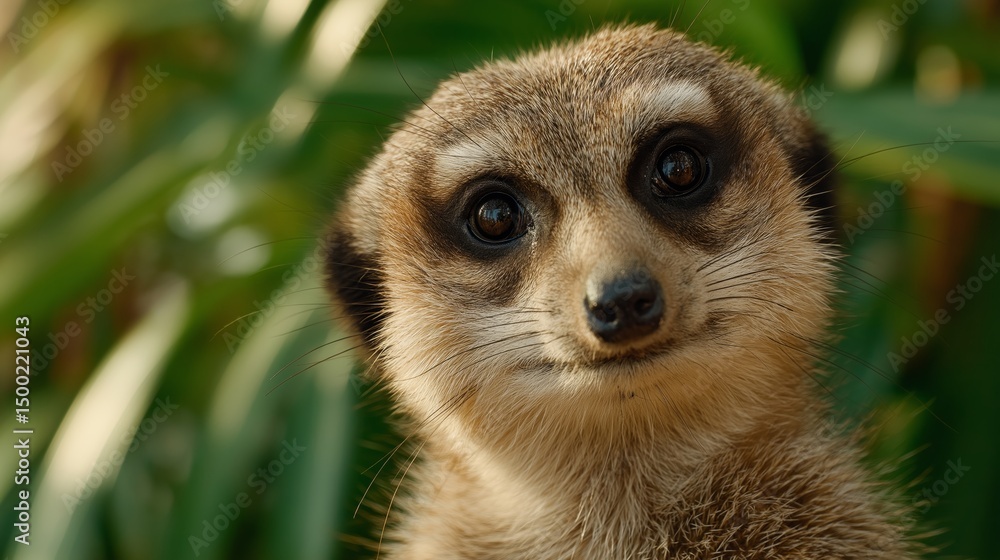 Fototapeta premium Friendly Meerkat Portrait: A close-up portrait of a charming meerkat, gazing directly at the viewer with captivating eyes. The meerkat's fur is a warm, earth-tone.