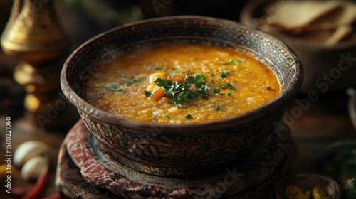 Golden Lentil Soup in Ornate Bowl, Warm Rustic Food Photography