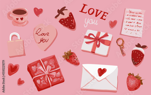 Valentine's Day 14 Feb vector: pastel cartoon style with gifts, hearts, key, cup, strawberries, love letters, and cute notes. Trendy hand-drawn look.