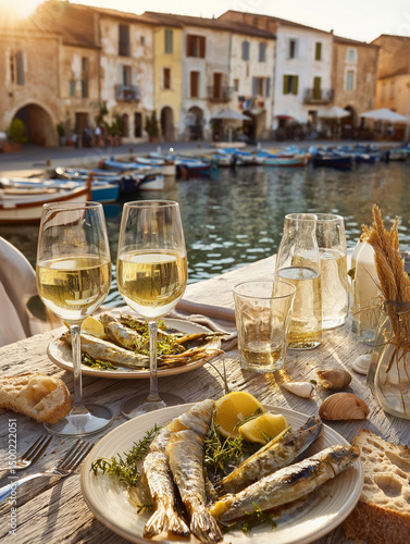 Fototapeta Naklejka Na Ścianę i Meble -  Sunset feast of fresh fish and wine by the tranquil harbor in Italy