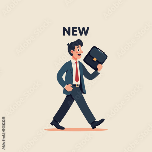 Businessman in suit with red tie, carrying briefcase, walking forward happily, with "NEW" sign, suitable for themes of new business launches, corporate events, or professional announcements.