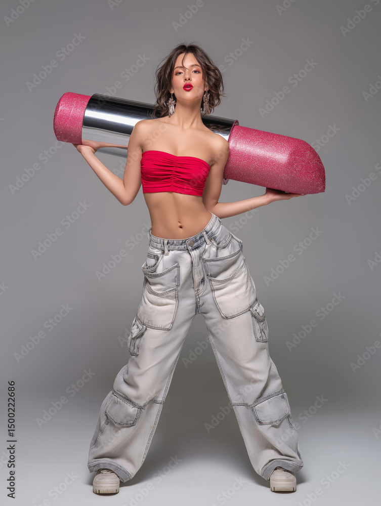 European girl showcases bold fashion with playful lipstick accessory in studio European girl showcases bold fashion with playful lipstick accessory in studio