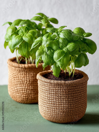 Wallpaper Mural Woven bag planters display vibrant basil plants in a cozy setting Torontodigital.ca