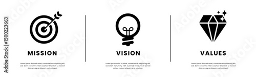 Mission Vision Values infographic Banner template. Company goal infographic design with Modern flat icon design. 