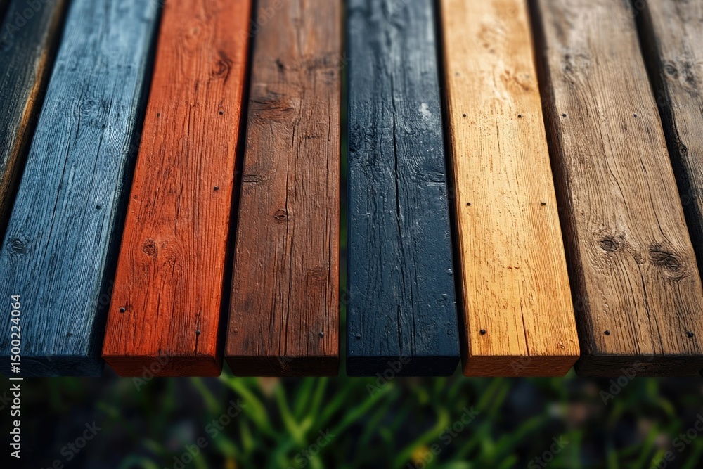 Fototapeta premium A close-up of a colorful wooden surface with a blurry background of green grass.