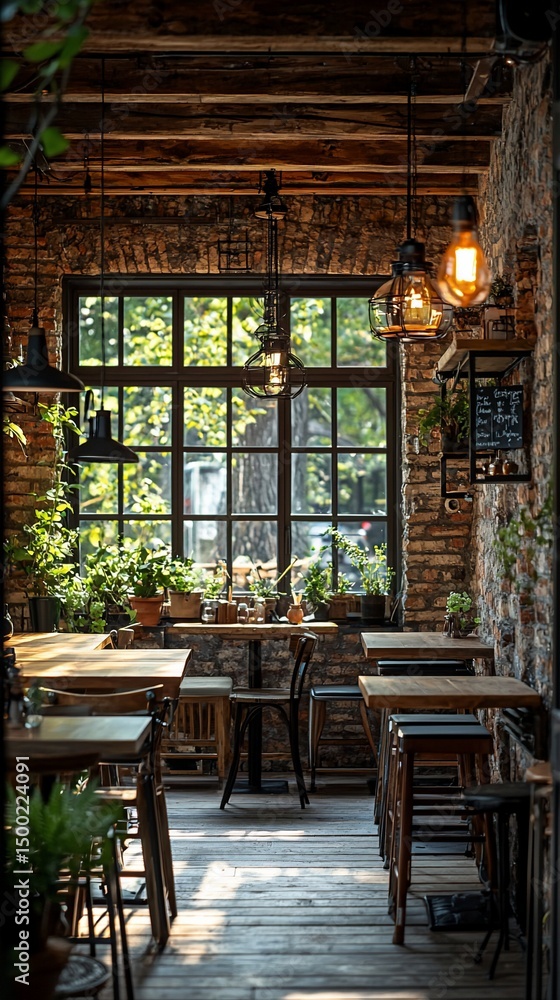 Obraz premium Sunlit cafe interior with brick walls, wooden tables, and potted plants
