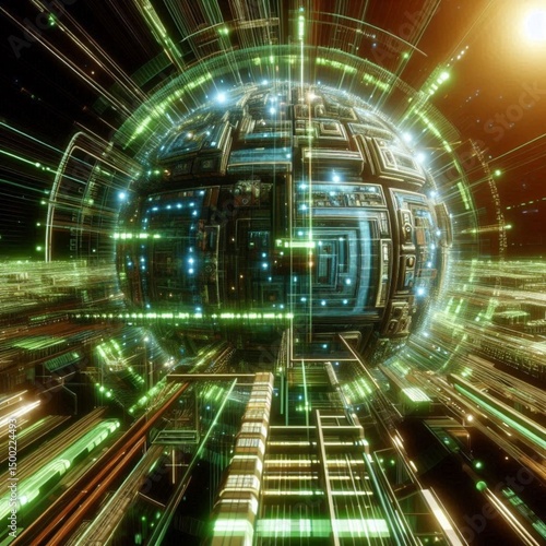ultra realistic bright photo of a very high tech 3d software code structure lit with green and white light