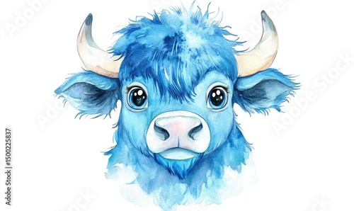 Fluffy blue buffalo with big eyes in watercolor style, isolated on white background. AI generated illustration.