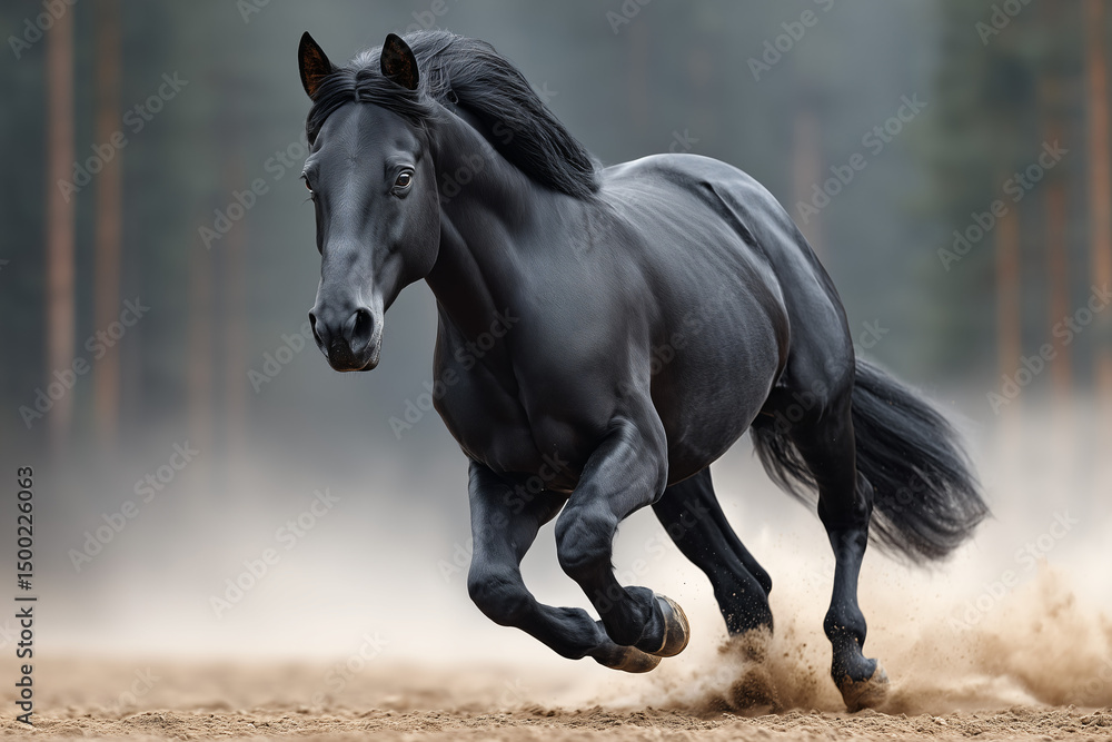 Fototapeta premium A powerful black horse galloping across the sand, a symbol of freedom and strength. The horse has a flowing mane and tail