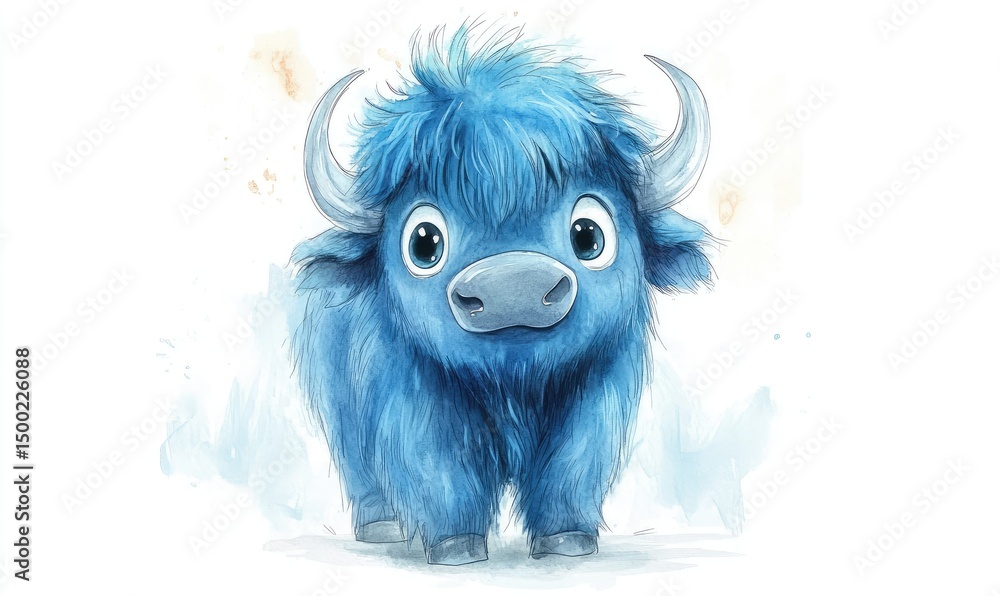 Obraz premium Fluffy blue buffalo with big eyes in watercolor style, isolated on white background. AI generated illustration.