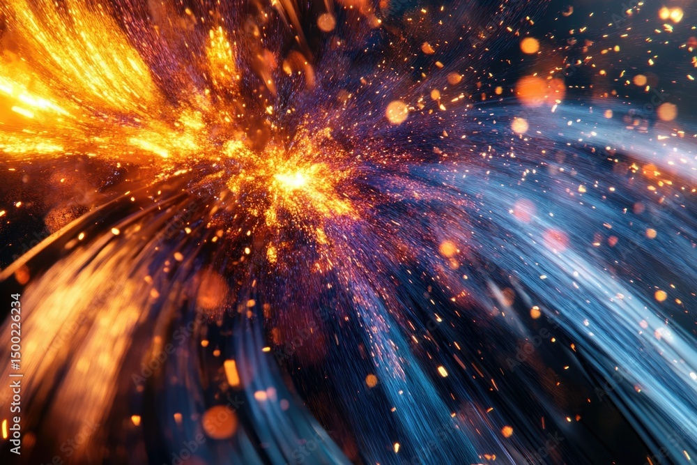 Obraz premium Vibrant abstract depiction featuring energetic orange sparks colliding with smooth, flowing blue light streams in dynamic contrast.
