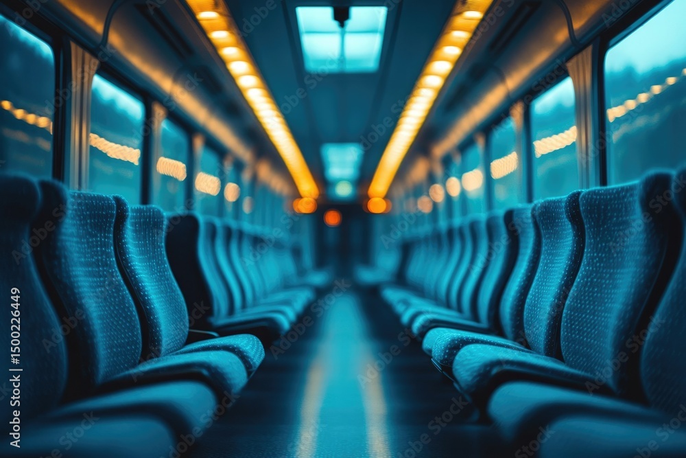 Fototapeta premium The interior of a passenger train car is shown with rows of empty seats and warm overhead lighting.