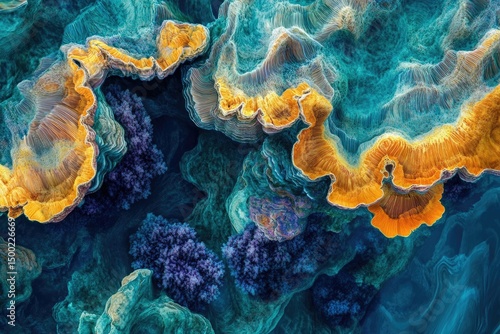 Fototapeta Naklejka Na Ścianę i Meble -  Abstract aerial view of a coral reef or coastal landscape, with vibrant blues, greens, purples, and oranges creating a textured, organic pattern.
