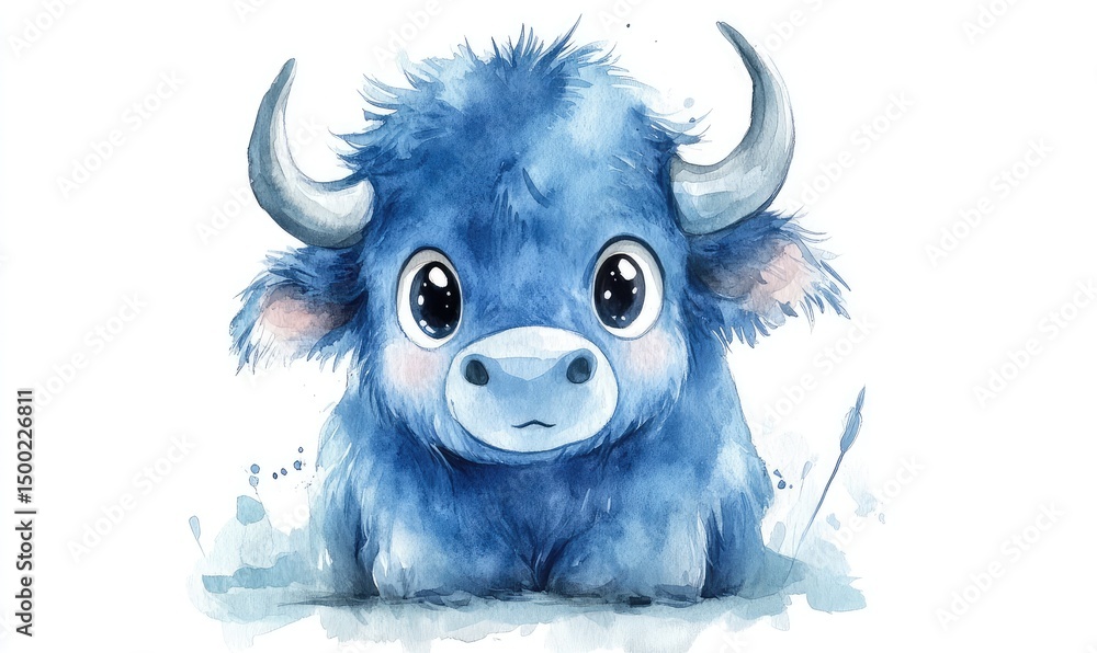 Fototapeta premium Fluffy blue buffalo with big eyes in watercolor style, isolated on white background. AI generated illustration.