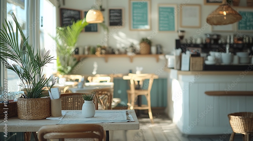 Sunlit cafe interior with tables, chairs, plants, and a counter Sunlit cafe interior with tables, chairs, plants, and a counter