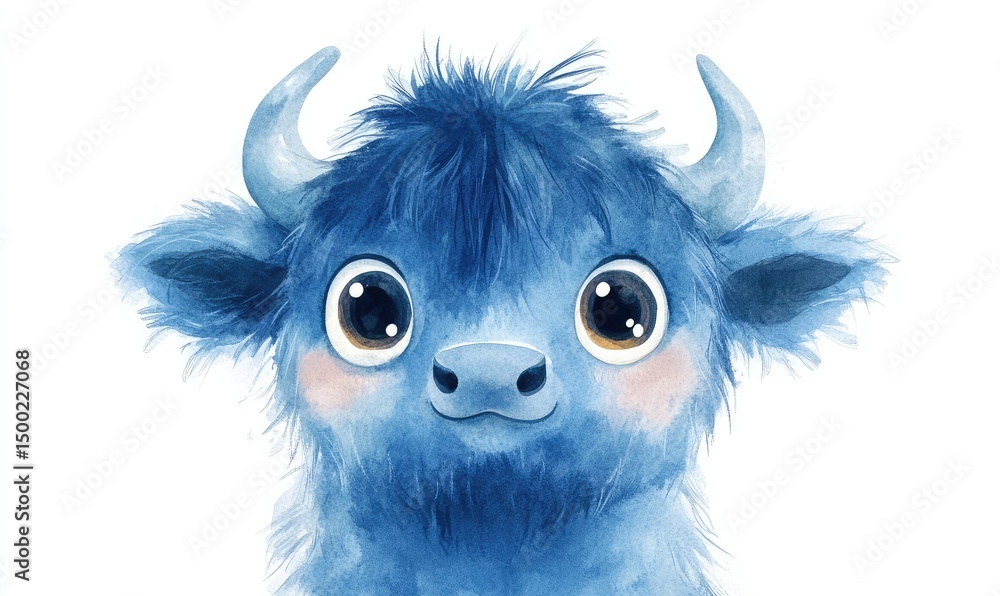 Fototapeta premium Fluffy blue buffalo with big eyes in watercolor style, isolated on white background. AI generated illustration.