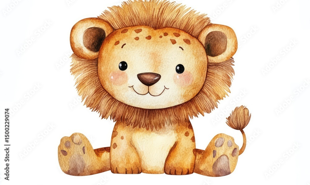 Fototapeta premium Friendly kid lion doll watercolor. AI generated illustration.