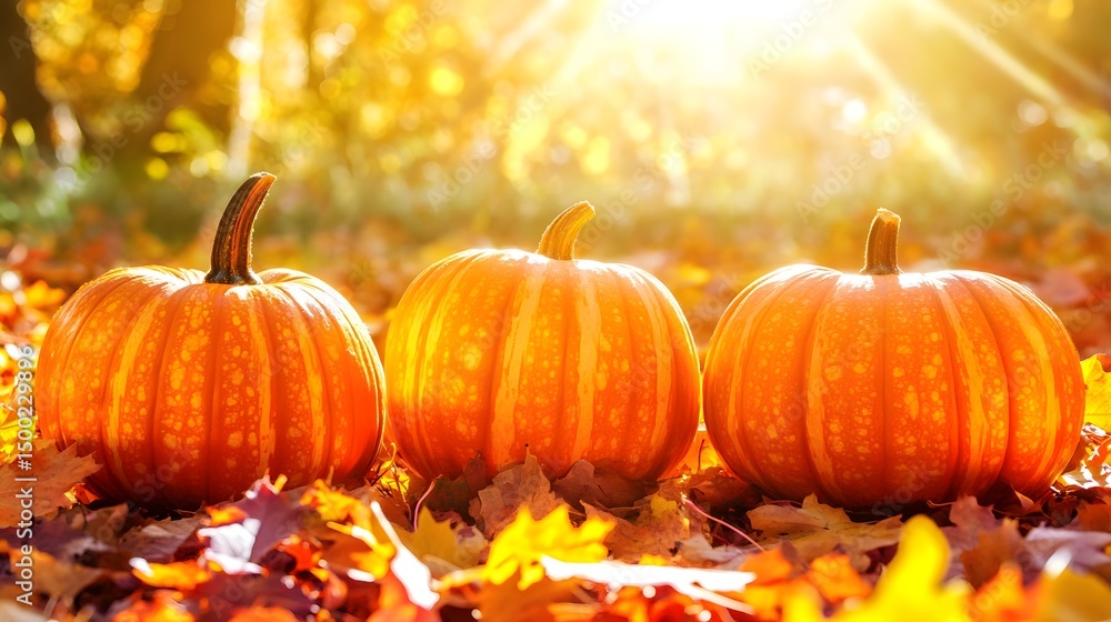 Naklejka premium Autumn Harvest: Three Pumpkins on Fall Leaves