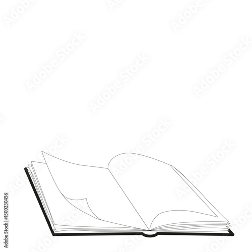 Open book with blank pages on white background. Black and white. Vector illustration for education, publishing, bookstore. Copy space.